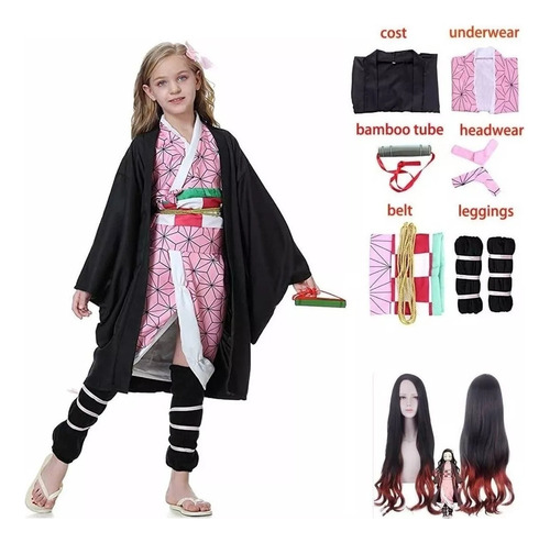 Kimetsu No Yaiba De Niño Cosplay Nezuko Kimono Traje+peluca