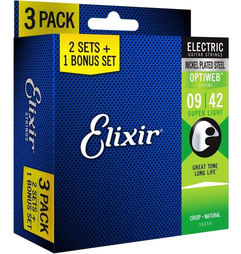 Encordoamento Elixir Cordas Guitarra 009 Optiweb Pack C/3