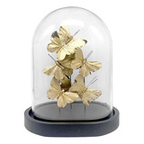 Escultura Decor Borboletas Na Cupula De Vidro Dourada/preta