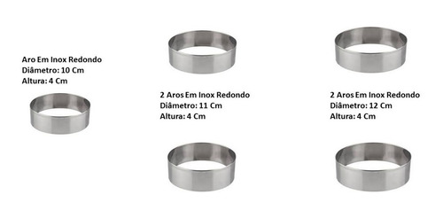 Kit C/5 Aros Inox Cortadores Redondo 1=10x4/2=11x4/2=12x4cm