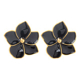 Brinco Flor Folhas Pretas Folheado A Ouro 18k