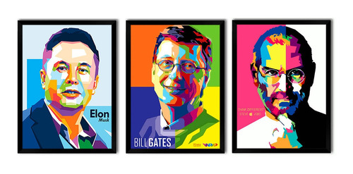 Kit 3 Quadros Decor Elon Musk Bill Gates Steve Jobs Moldu A3