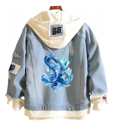 Jaqueta Jeans Estampa De Cultura China Estilo Dragon Azul