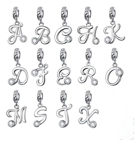 Charm Ó Dije De Plata Real S925, Letra Inicial, Pavé Zircon