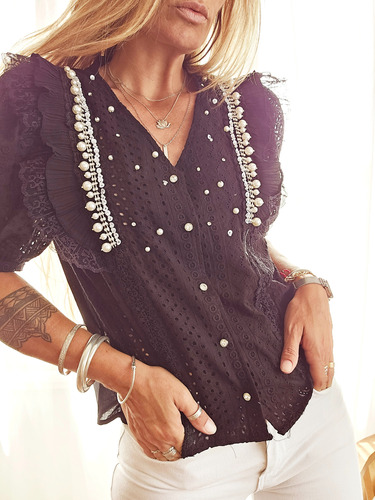 Camisa Broderie Blusa Volados Bordada Perlas Romantica Chic