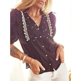 Camisa Broderie Blusa Volados Bordada Perlas Romantica Chic