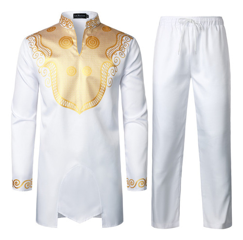 Traje Dashiki Tradicional Con Estampado Dorado Para Hombre,