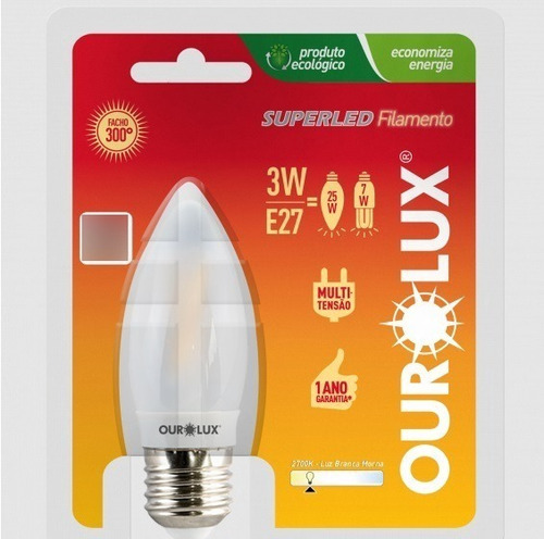 Kit 3 Lâmpadas Vela Superled Filamento Ourolux