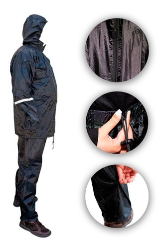 Impermeable Negro Motociclista C/reflejante Pant Y Chamarra 