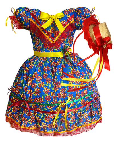 Vestido Festa Junina Moderno Infantil Azul Vermelho São João