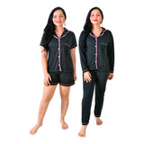 Kit 2 Pijamas Feminino Adulto Americano Curto Longo Malha