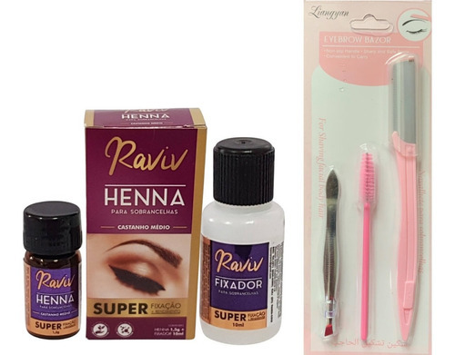 Kit Sobrancelhas Profissional Henna Navalha Pinça Escova Tom Castanho Médio