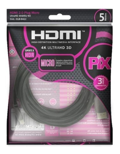 Super Cabo Micro Hdmi Para Hdmi 2.0 4k 5 Metros Top Pix