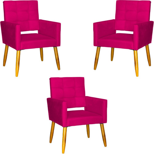 Kit 3 Poltronas Decorativas Isa Suede Cores Vazada Pé Palito Reforçadas Sala Quarto Escritório Consultorio Cadeira Puff Cor Pink Desenho Do Tecido Suede Liso