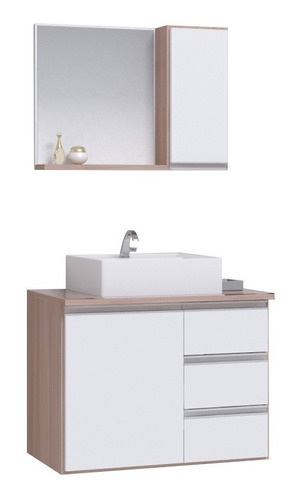 Conjunto Gabinete Banheiro Prisma 60cm Com Tampo Vidro