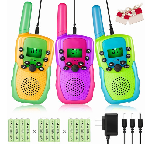 3 Pcs Walkie Talkie Ninos Recargable + Cargador Y 12 Bateria