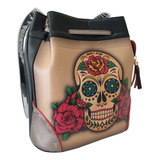 Bolsa Morral Piel Artesanal Cincelado Calavera Cappuccino