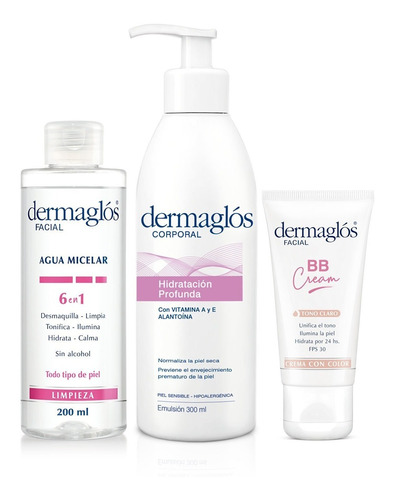 Kit Dermaglós Agua Micelar + Emulsión Corporal + Bb Cream Tc