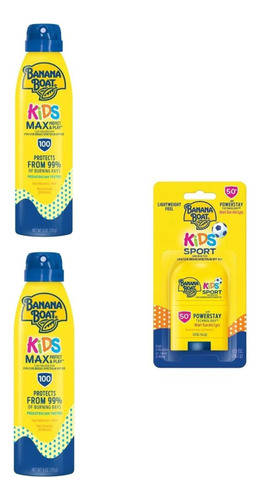 Kit 3x Protetor Spray 100fps Banana Boat Kids + Stick 50 Fps