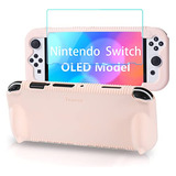 Funda De Silicona+protector Con Nintendo Switch Oled Rosada