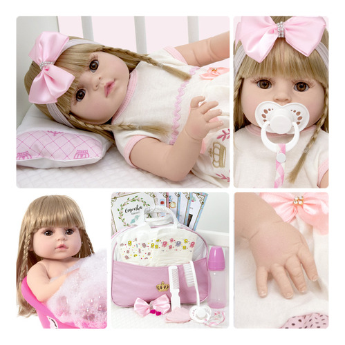 Boneca Estilo Reborn Baby Menina Loira Completa + Enxoval