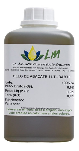 Oleo Vegetal De Abacate Distriol 100% Puro E Natural  1l