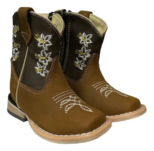 Bota Rodeo Vaquera Para Bebé Niña 100% Piel Cierre Café Flor