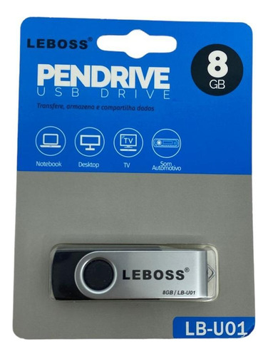 Pen Drive Leboss 8 Gb Usb Portátil+proteção Metálica Lb-u01