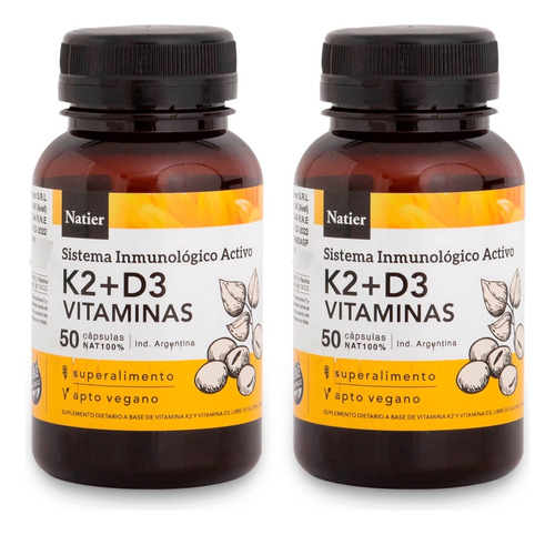 Natier Kit X2 K2 + D3 Suplemento Vegano Vitaminas 50c 3c