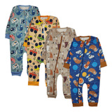 Kit 4 Macacão Estampado Bebê Algodão Moletom Inverno Zíper