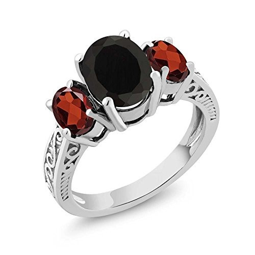 Anillo De Mujer De 3 Piedras De Ónix Negro Y Granate Rojo