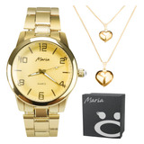 Colar Duplo Coração E Relogio Feminino Dourado Aço Original