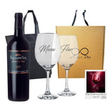 Box Regalo Vino Trumpeter Malbec + 2 Copas Vidrio Grabadas