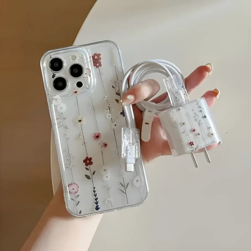Funda Case Para iPhone Diseño De Flores+estuche De Protección De Cargador Y Cable