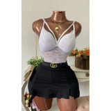 Conjunto Short Saia De Botões + Cropped Rendado Gola Chokker