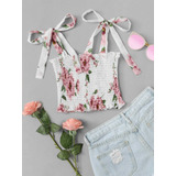 Croptop Blanco Floral Elasticado Lazo Hombros Shein