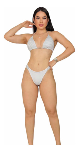 Bikini Brasileño Blanco Con Brillos  Talla L Tela Licrada