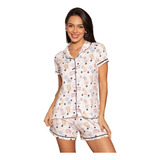 Pijama Estampado Short Doll Pos Cirúrgico Com Botão Aberto 