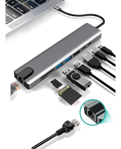 Adaptador Hub Usb C 7 Em 1 Macbook Pro Air M1 4k 5 Portas+nf