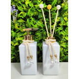 Kit Lavabo Branco Com Dourado Luxo Difusor Saboneteira