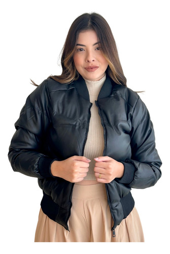 Jaqueta Puffer Couro Pu Feminina Gola Alta Bomber Feminina