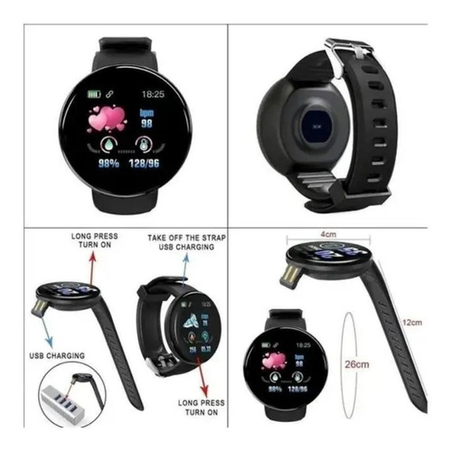 Pulsera De Reloj Inteligente Bluetooth D18, Funda Deportiva, Color Negro, Correa, Color Negro, Bisel, Color Negro, Diseño De Pulsera Negro