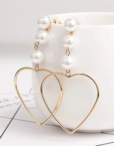 Aretes Largos De Corazon Con Perlas Moda   Excelente Calidad