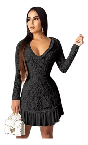 Sexy Vestido Encaje Negro Manga Larga Cuello V Girlboss