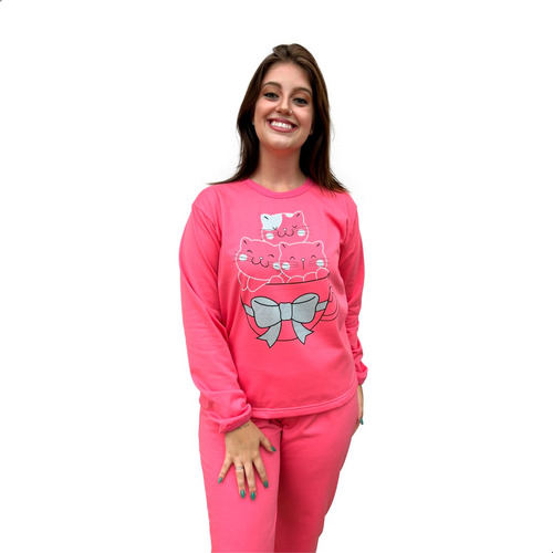 Pijama Quentinho De Frio Feminino Rosa Pink Liso Gatinhos