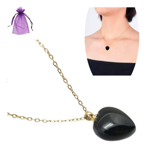 Collar Chapa Oro 18k Corazon Piedras Naturales Cuarzo Chakra Color Obsidiana Negra