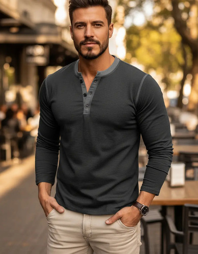 Playera Moda Casual Cuello Henley Manga Larga Para Hombre | MercadoLibre