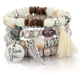 Set X 4 Pulseras Charm Juego Bohemio Love Ala De Ángel Mujer