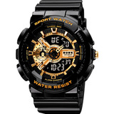 Reloj Deportivo Hombre Burk 1688 Luz Alarma Cronometro ! Color De La Malla Negro Color Del Bisel Dorado