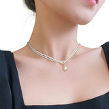 Collar De Cadena Doble Con Perlas Brillantes Para Mujer